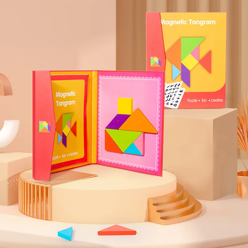 Portable Magnetic Tangram Board Wooden 3D Puzzles For Children Learning Intelligence wooden puzzles magnetic puzzle toys wooden toys puzzle toys