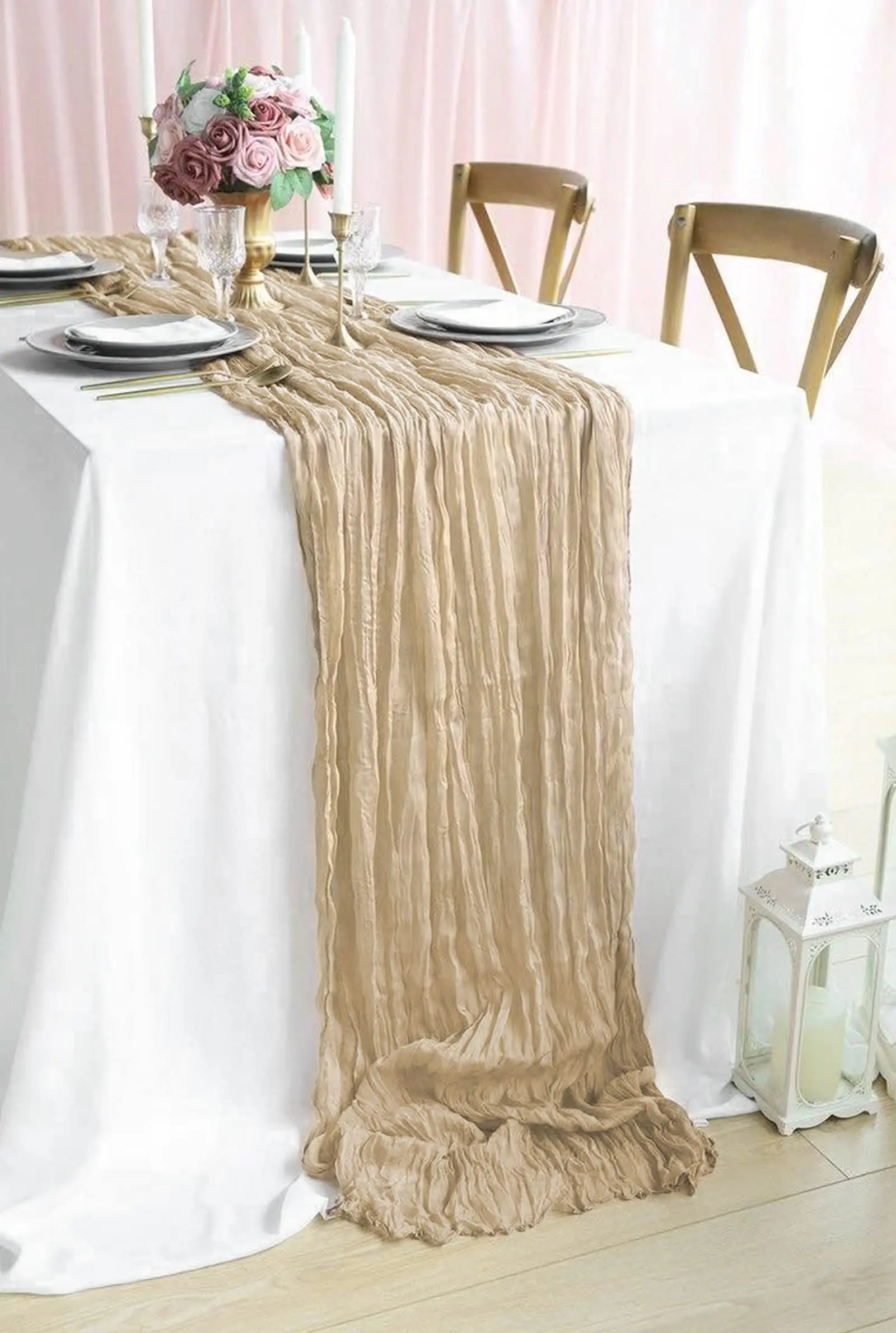 Wholesale 10PCS Gauze Table Runner Wedding Semi-Sheer Vintage Cheesecloth Dining Party Christmas Banquet Arches Cake Table Decor images - 6