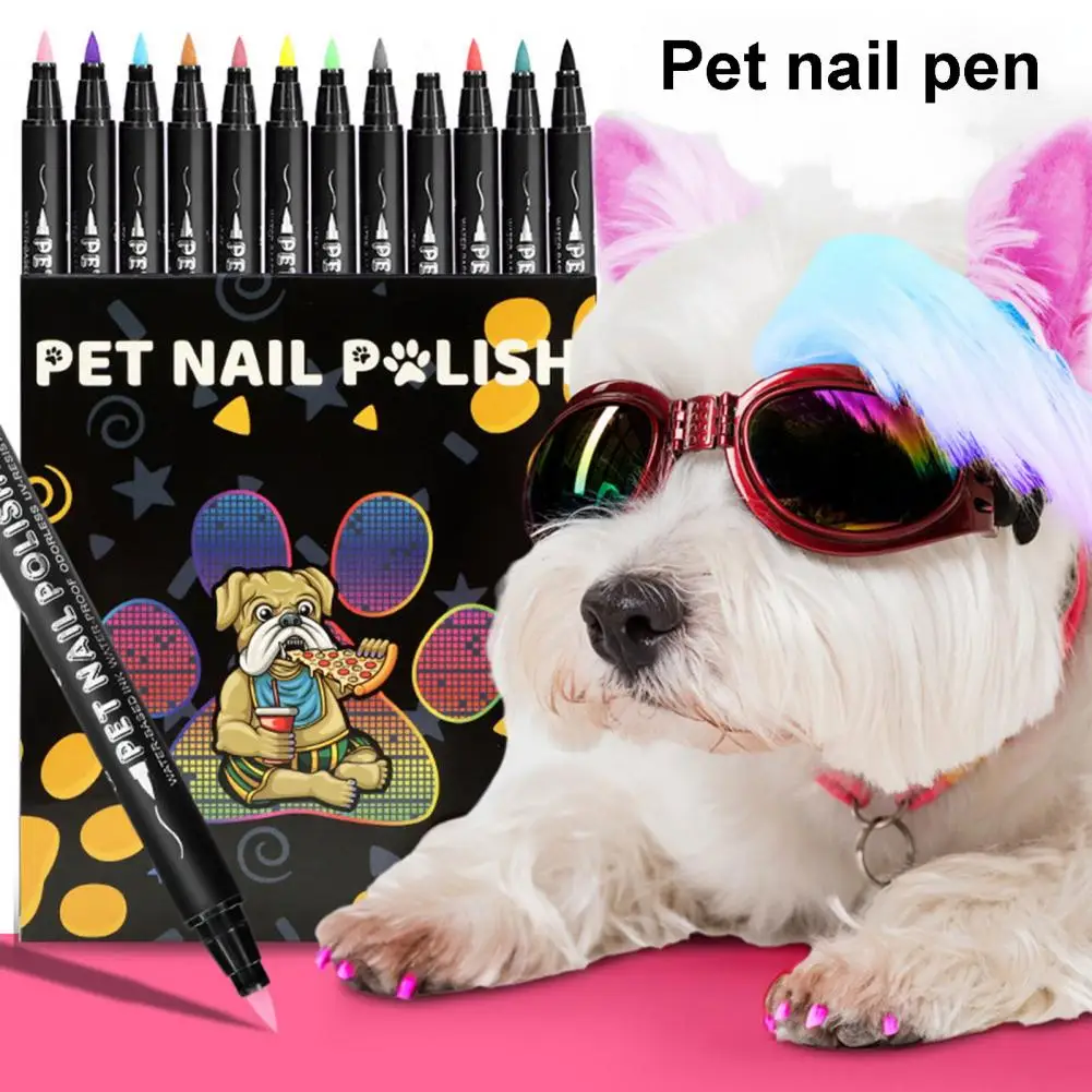 12 Bright Colors Pet Nail Art Pen 12-color Quick Dry Pet Nail Art Pen Set for Puppy Cat Soft Brush Tip Dog Polish for Small