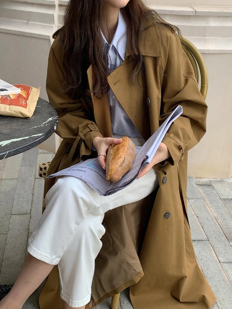 

Korean Women's Autumn and Winter Lapel Double-breasted Waist Straight Over The Knee Mid-length Trench Coat with Belt Tide