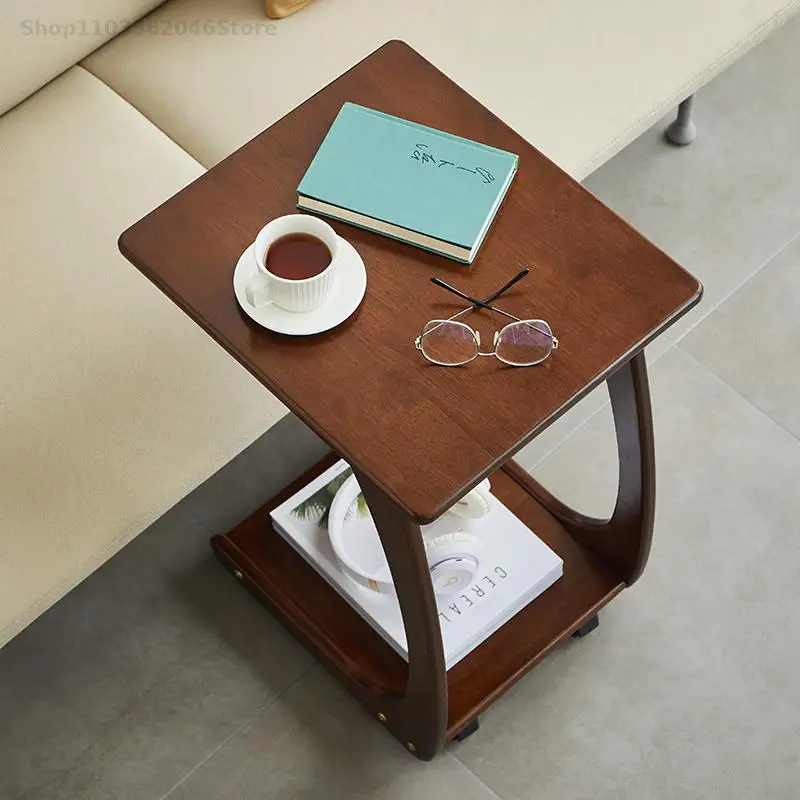 Solid Wood Side Table Mobile Coffee Table With Wheels Small Square Living Room Sofa Side Cabinet Cabinet Cart