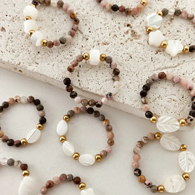 Finger Rings Classic Shell Heart Set Rhodochrosite Natural Stone Stainless Steel Beads For Women Birthday Wedding Girls