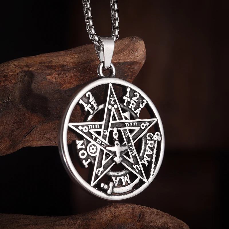 Stainless Steel Witchcraft Pentagram Pendant Men\\'s Jewish Hebrew Tetragrammaton Necklace Men\\'s Vintage Amulet Jewelry