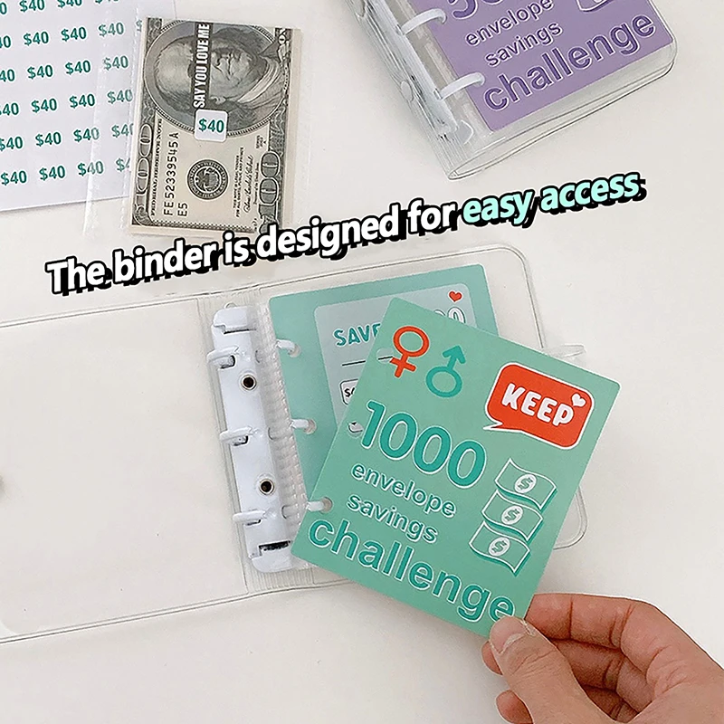 PVC $1000 Money Savings Challenge Binder Button Closure Mini Budget Binder Envelope Savings Challenges Book Durable Portable