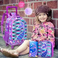 3PCS Rolling Backpack for Girls Kids Roller Wheels Bookbag with Lunch Bag Pink Fishtail Glow-in-the-dark Function 2