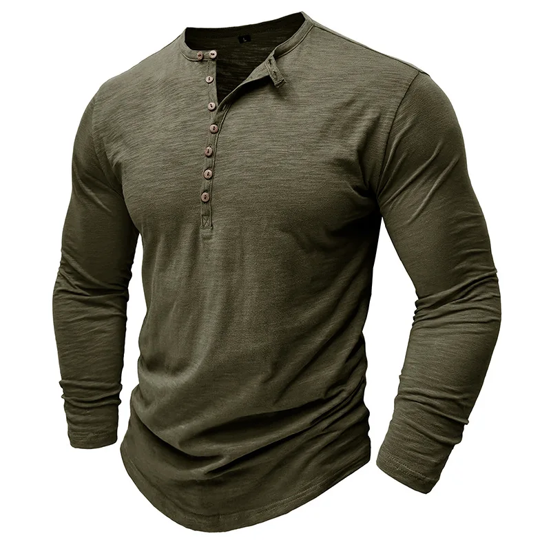 Langarm-Henley-Hemd für Herren, 100 % Baumwolle, weiche, atmungsaktive Oberteile, stilvolle T-Shirts mit Knopfhalsausschnitt, modische, solide Kleidung – Detail 10
