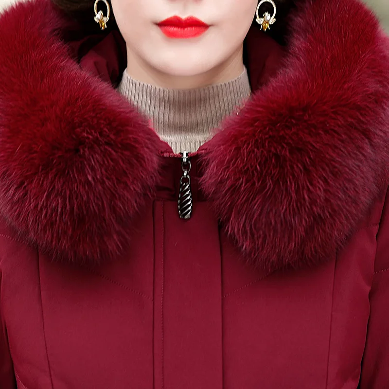 Real Fox Fur Collar White Duck Down Down Jacket Women's Mid-length 2021 Winter Dress Loose Middle-aged and Elderly Embroidered