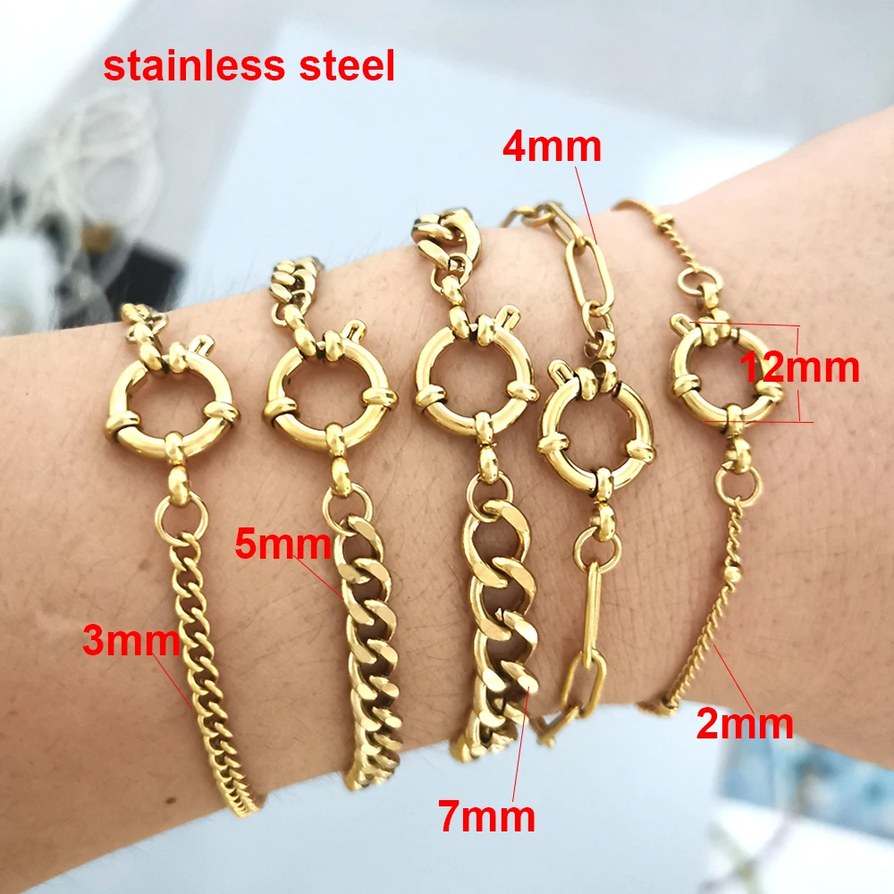 QMHJE Stainless Steel Bracelet Women Men Anchor Clasp Beads Chain Sailor Wheel Geometric Link Basic DIY Gold Silver Color Punk