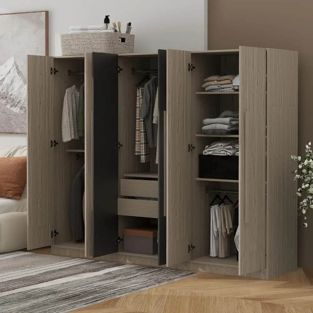 82.6" Wooden Armoire Wardrobe Cabinet with 6 Doors, 2 Drawers, 4 Storage Shelves & 4 Hanging Rods, Armoire Wardrobes Closet 2
