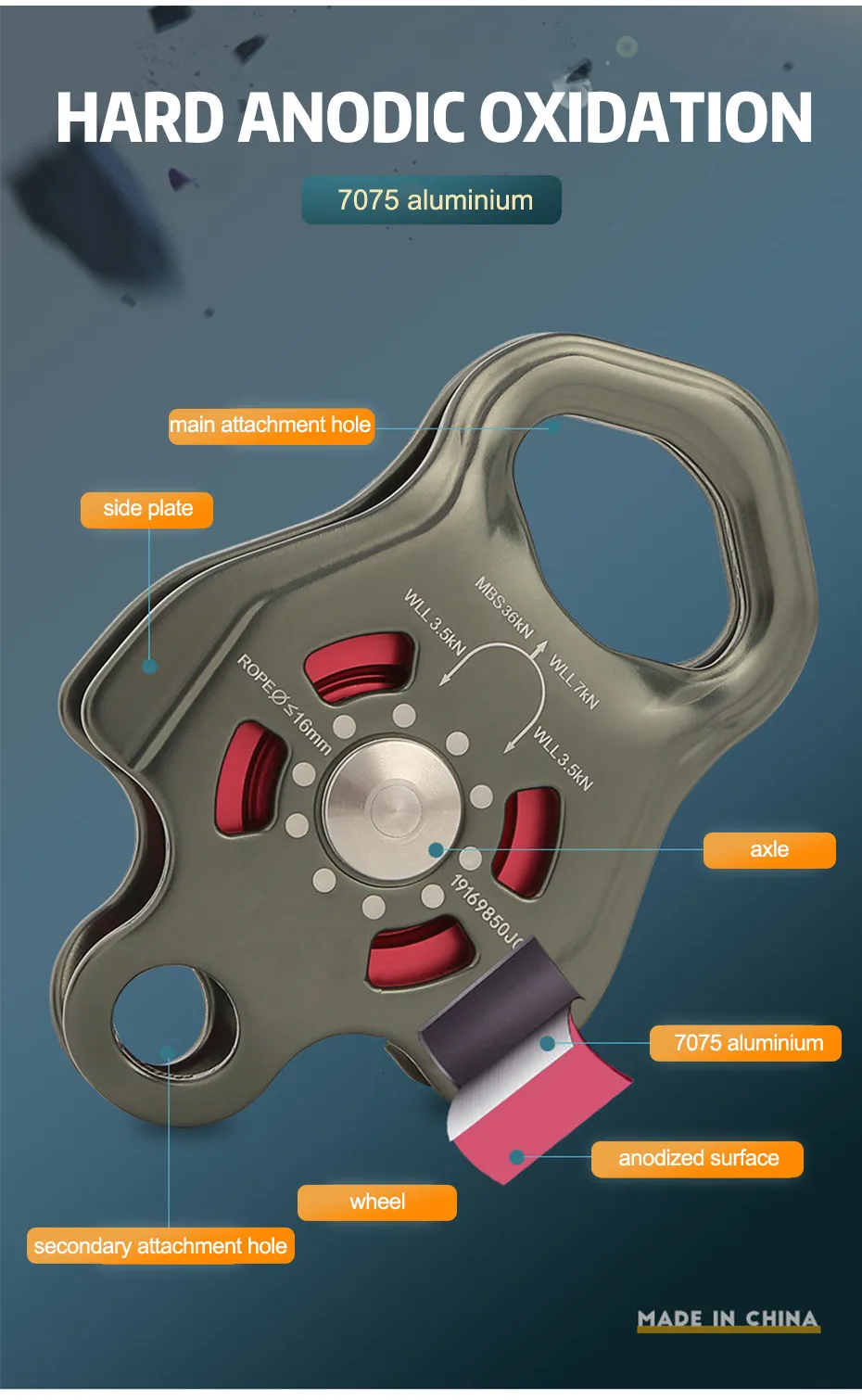 XINDA Professionelle Einzelrollen-Ausrüstung in Kugellager, Bergsteigen, Klettern, Zipline, Traverse-Lösung, Wagenrolle – Detail 3