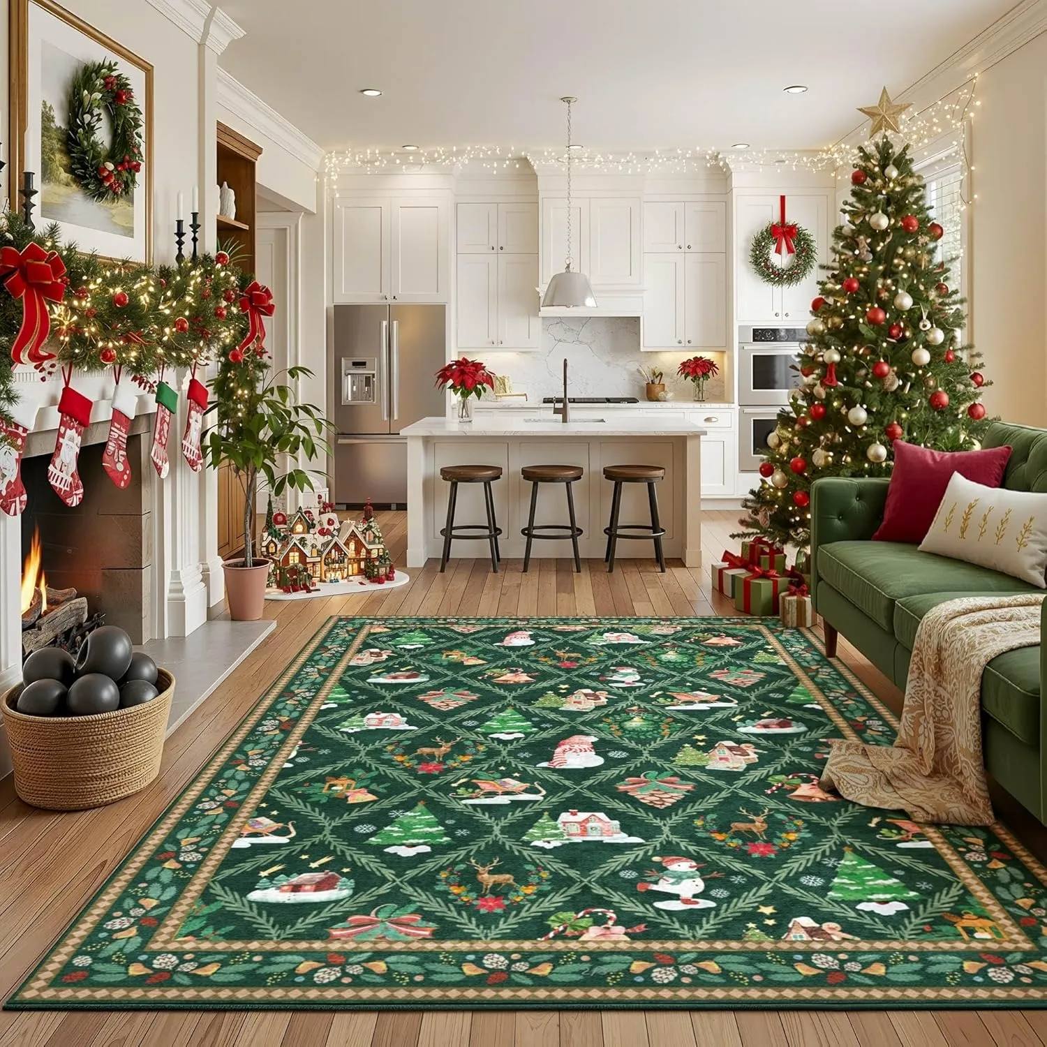 Christmas Living Room Carpet Machine Washable Non-slip Bedroom Rug Snowman Green Plant Pattern Dining Room Mat 러그 Ковер Alfombra