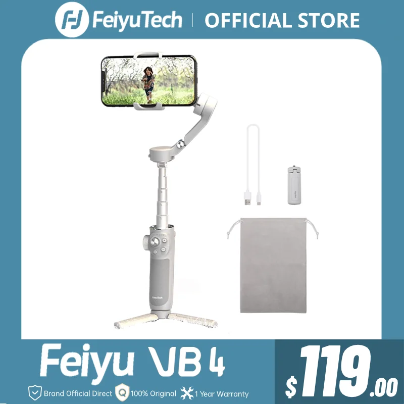 Официальный стабилизатор для смартфона FeiyuTech VB4, отслеживание лица, 3-осевой подвес для телефона, встроенная палка для селфи, фокусная палка, портативная и складная для iPhone 14 Pro/Samsung/Xiaomi