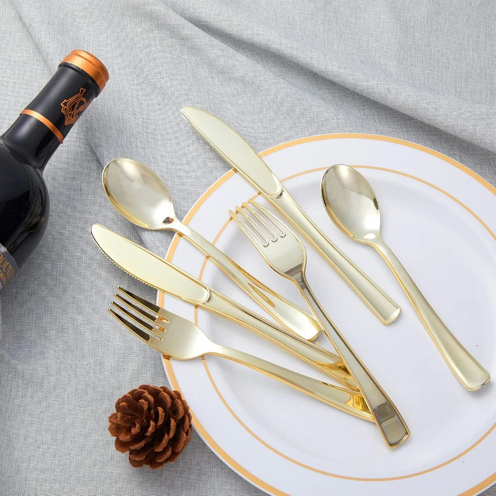 N9R 300PCS Gold Plastic Silverware Plastic Cutlery Set Disposable Flatware Dinnerware -100 Gold Forks, 100 Spoons