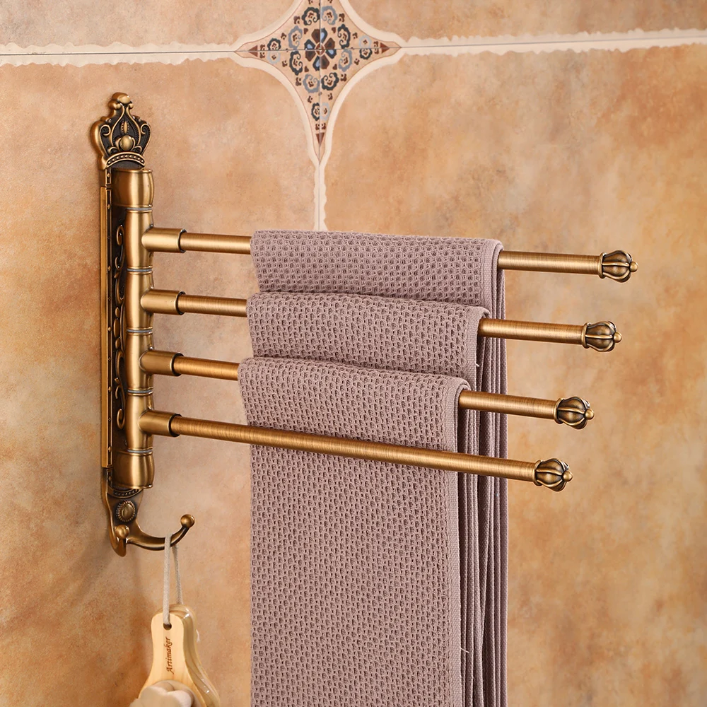 Antique Swivel Towel Hanger Carved Towel Bar Wall Mounted Folding Bathroom Rail Rack Elegant Bathroom Holder