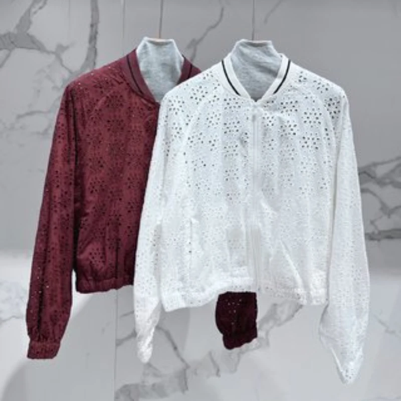 

2023 Spring Summer New Women Hollow Flower Baseball Collar Zipper Jacket/The Same Styls Shorts