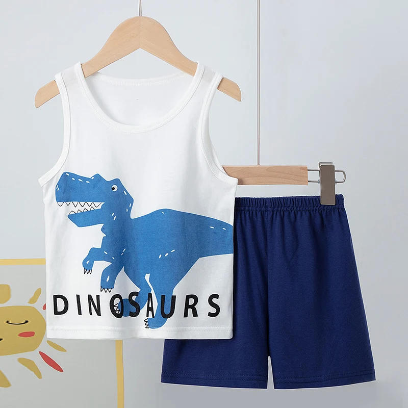 2-piece children’s cotton vest shorts suit boy handsome cute dinosaur vest girl casual Joker fashion shorts suit comfortable and