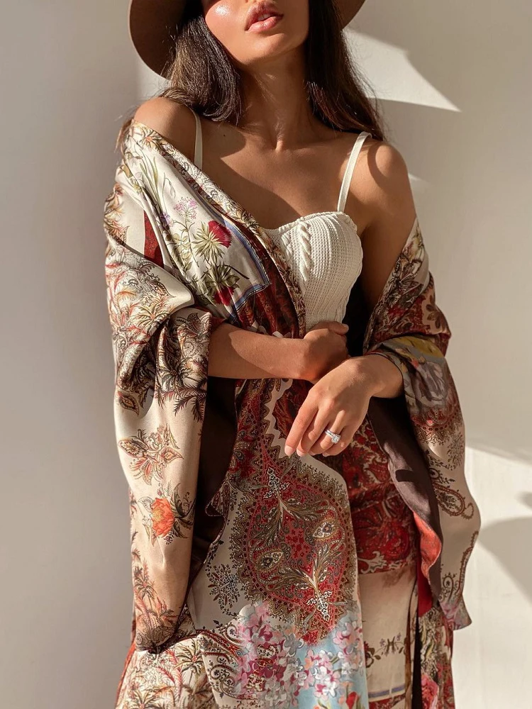 

Vintage Chic Contrast Colors Patchwork Print Kimono Outfits With Sashes Women 2023 Summer Fashion Elegant Thin Coat
