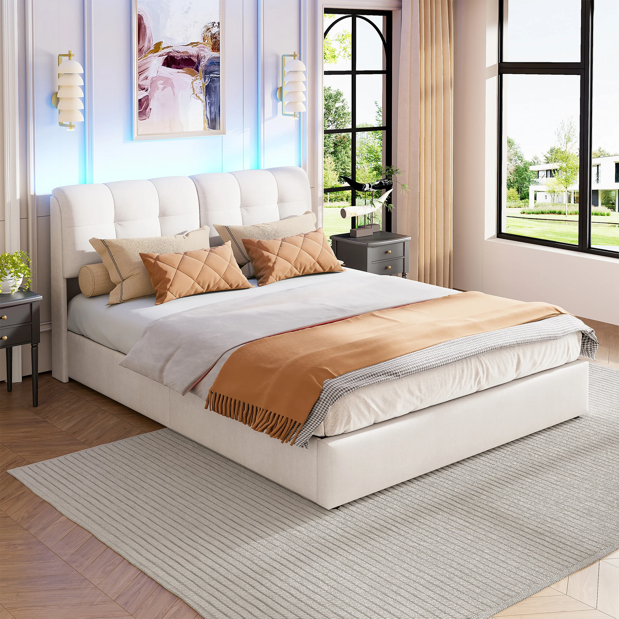 Superaly 140x200cm Gepolstertes Doppelbett, Bettgestell mit Kopfteil und 7-Farben Dekorativer LED-Beleuchtung, Samt, Cremeweiß – Detail 2