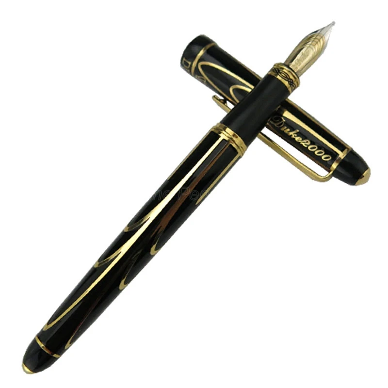 Duke Exquisite Pioneer 14K/8K Gold Fountain Pen Advanced Chromed Golden & Black Lines Fine Point 0.5mm Collection Pen With Box