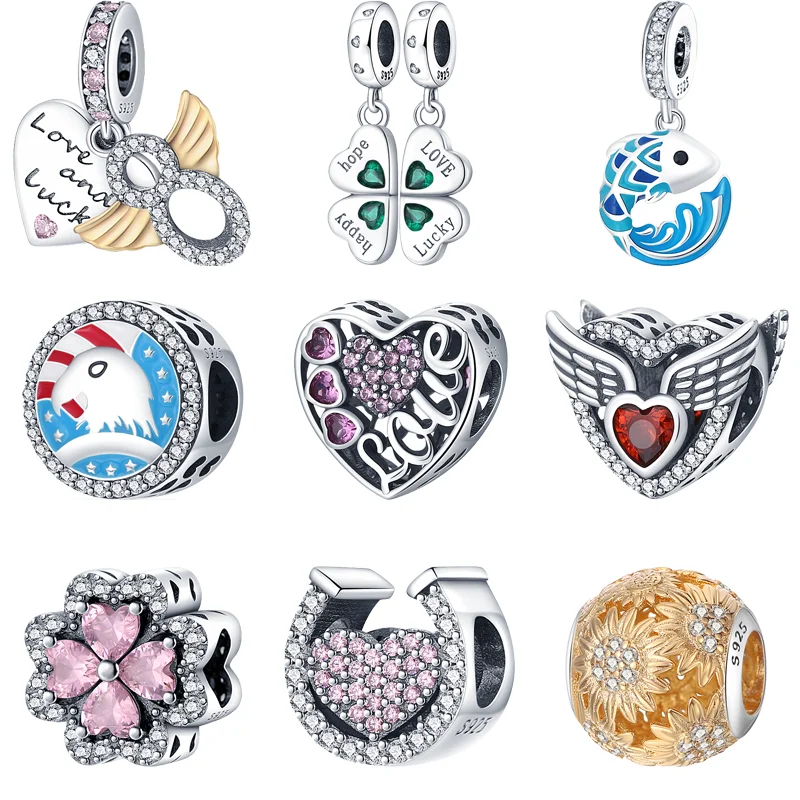 

925 Silver Pink Heart Eternal Green Four Leaf Clover Blue Fish Eagle DIY Beads Fit Original Pandora Charms Bracelet Fine Jewelry