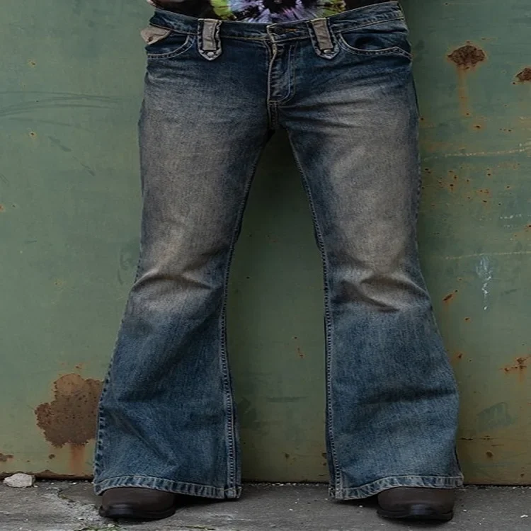 

Men Jeans Distressed Boot Cut Ankle Length Denim Slim Fit Zipper Pockets Slight Strech Mid Waist Punk Style Spring 2024