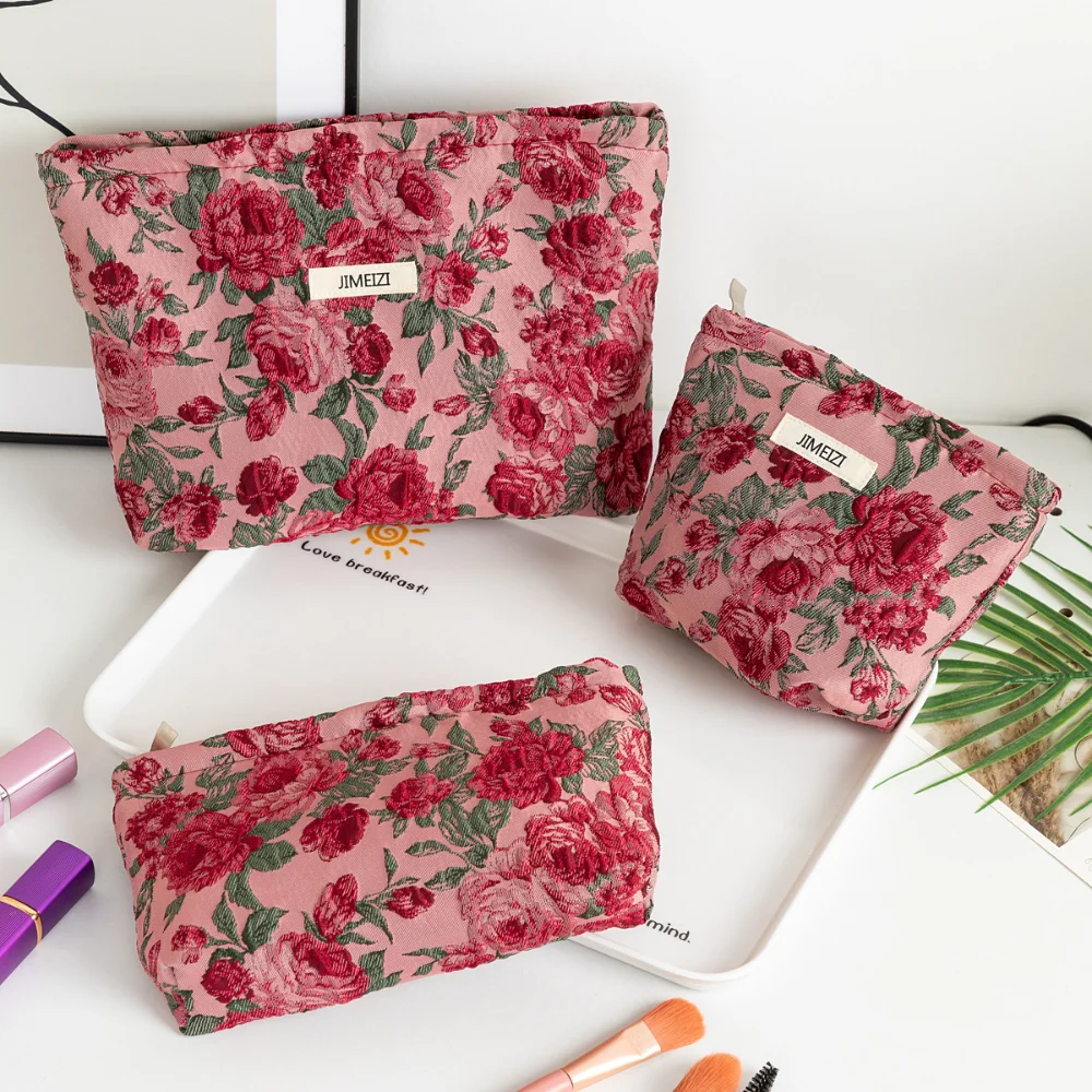 1pc Vintage Red Rose Makeup Bag Rose Pattern Makeup Bag Makeup Storage Bag Cute Daily Washing Bag Travel Organizer