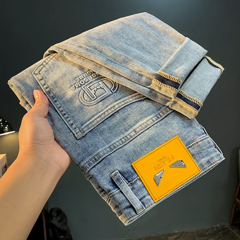New high-end men's jeans light luxury trendy brand straight fit trendy stretch versatile casual fashionable printed denim pants