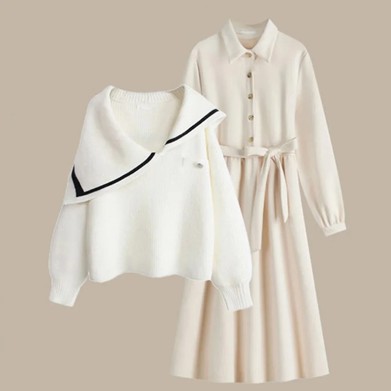 Autumn and Winter Set Women\'s 2023 New Style Wear Loose Sweater to Show Slim Versatile Dress Two Piece Setwinter clothes women