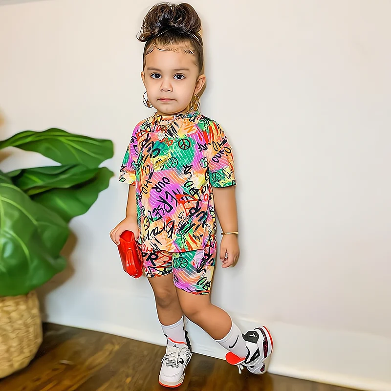 Girls Clothing Set Summer Short Sleeve Tops Rainbow Color Shorts 2pcs Outfits 8Y