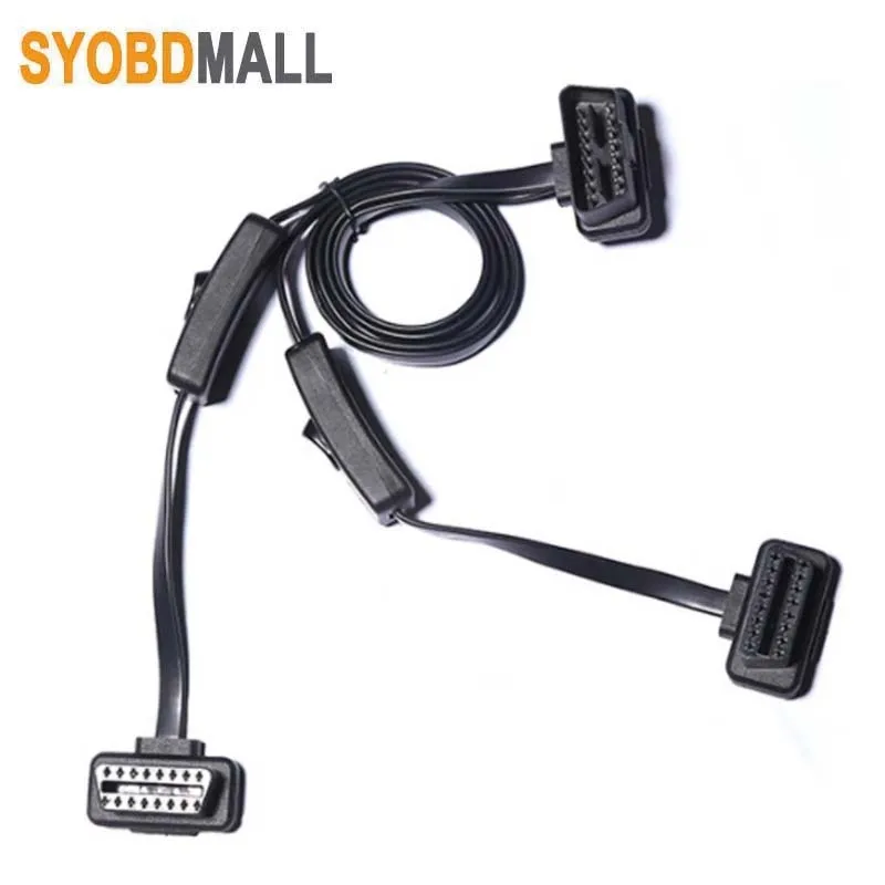 OBD 스위치가 있는 연장 코드, 16 핀, 초박형 국수 팔꿈치 자동차 OBD2 커넥터, 2 암 수 연장 케이블 플랫 와이어