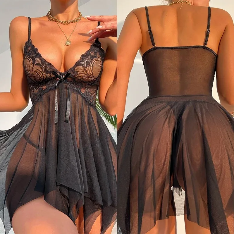 Women's Sexy Nightwear Black Lace Mesh Perspective Exotic Dress Sexy Lingerie Women Pajamas Ackless Female Nighties women lingerie,women nightgowns,women nightdresses,women pajamas,sleeping dress