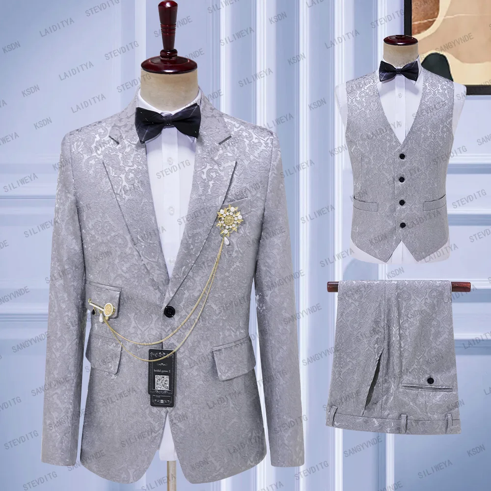 

Мужской Жаккардовый костюм, серый костюм для шафера, классический смокинг, комплект из трех предметов, куртка + брюки + жилет