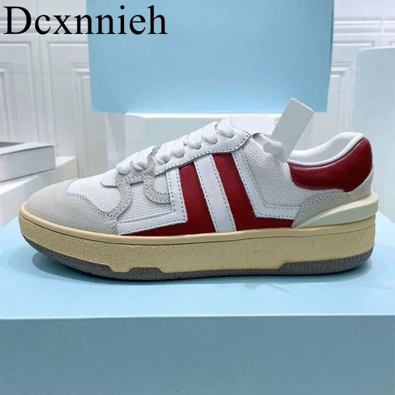 

Four Seasons New Round Head Genuine Leather Casual Shoes Cross Lacing Mixed Color Flat Shoes Breathable Walking Shoes Unisex