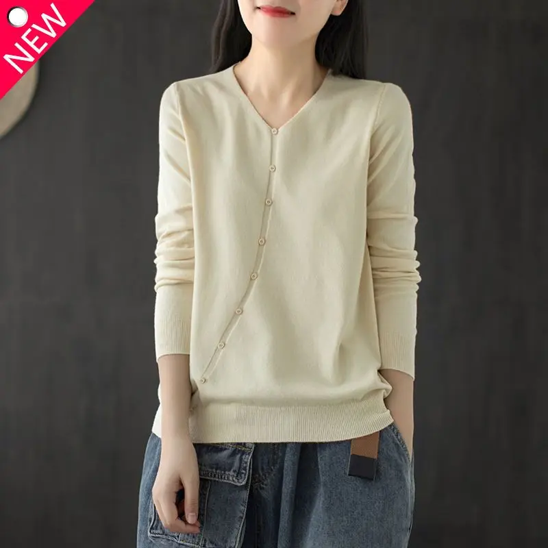 

Pullover Sweater 2023 Autumn/Winter Women V-neck Loose Core Yarn Knitted Long Sleeve Sweater Women Versatile Sweater Women