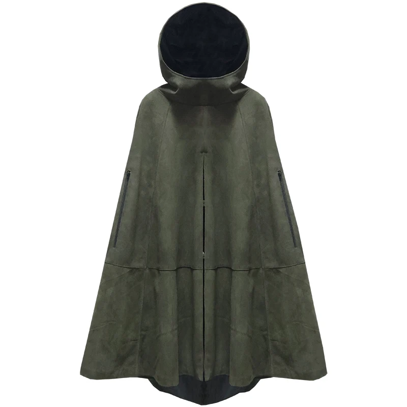 

2022 winter Unisex Genuine Leather cape suede lambskin Harry Magic Coat high neck hooded loose medium length casual windbreake