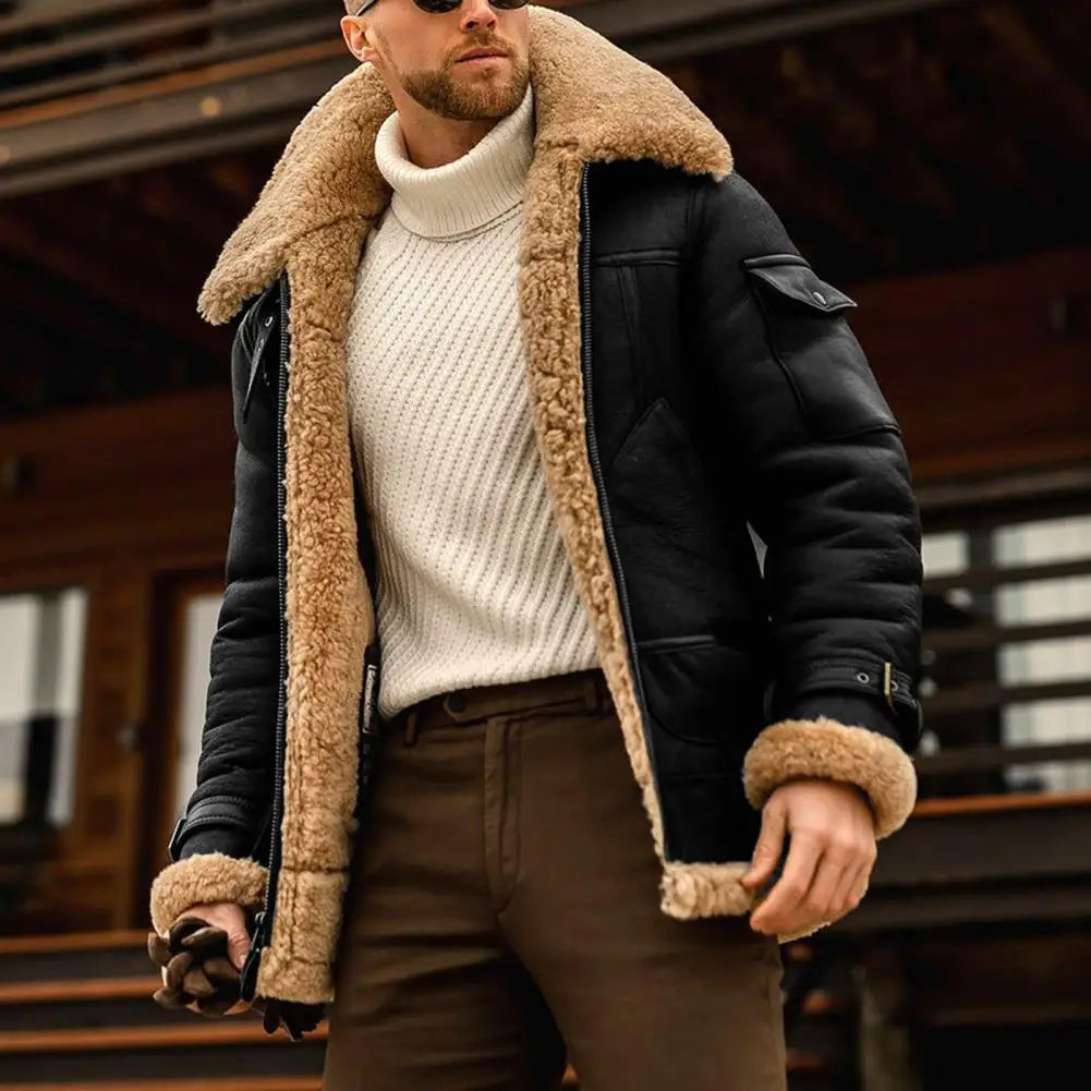 

5XL Plush Lining Men Jacket Oversize Turndown Collar Zipper Faux Fur Autumn Winter Fur Men's Coat Thickened Jacket Outerwear