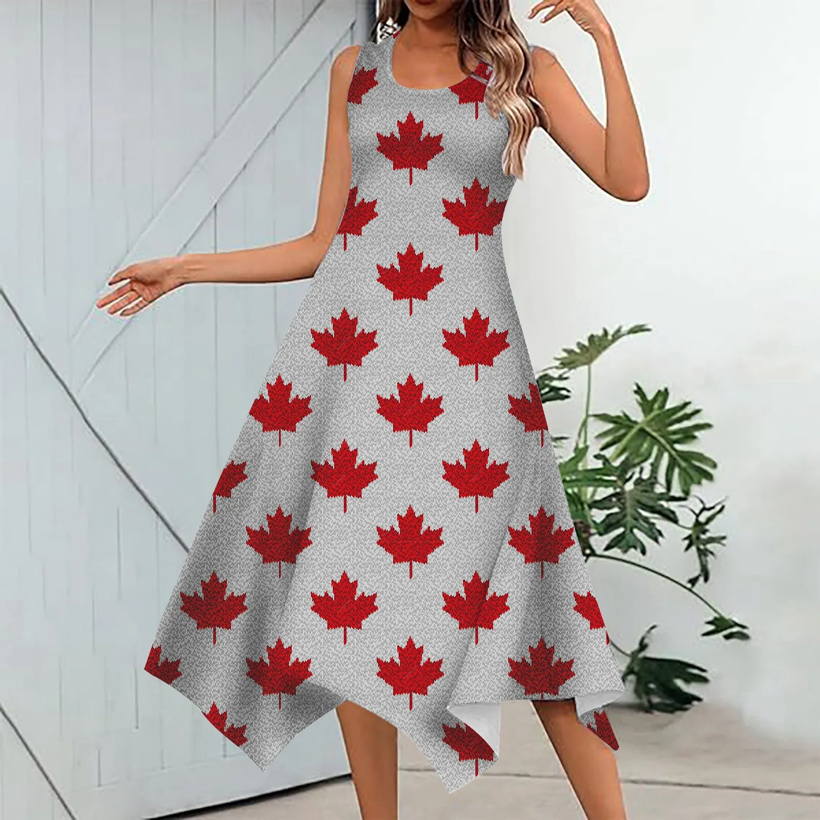 

Women's Fashion Spring And Summer Canada Independence Day Print Irregular Hem Round Neck Sleeveless Short Sleeve Dress T Shirt