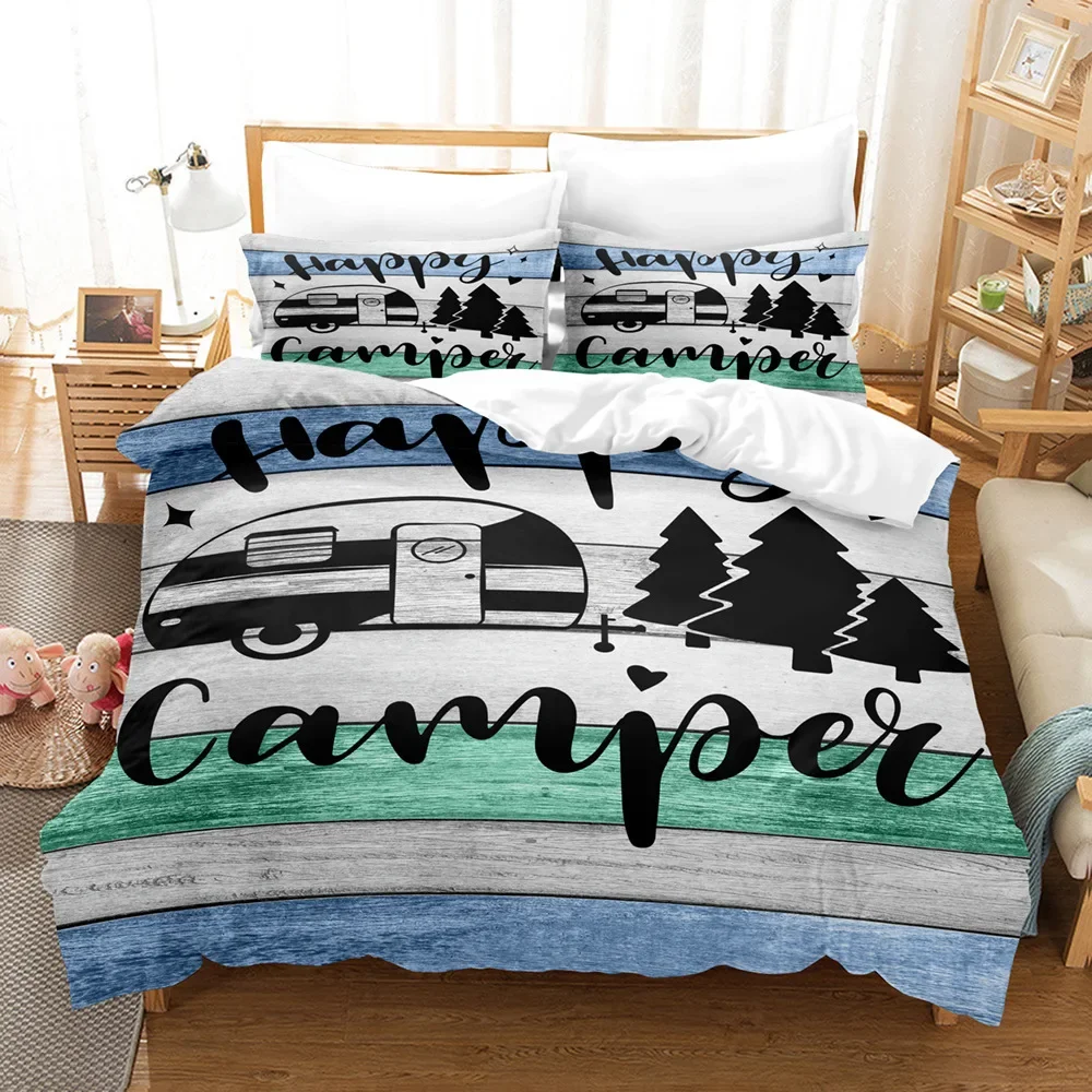 3pcs Happy Camper Pattern Printed Bedding Set, Suitable For Teenagers And Adult's Bedroom, Camping, 1*Duvet Cover+2*Pillowcase