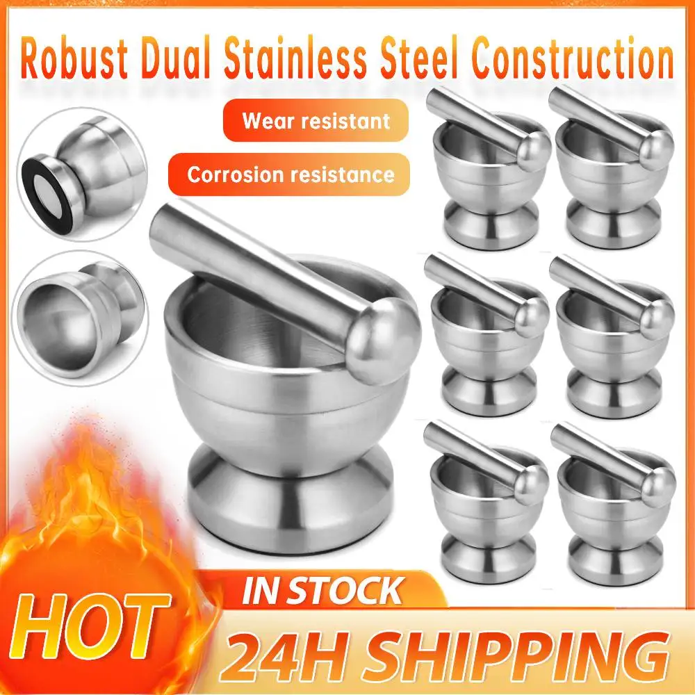 Stainless Steel Mortar and Pestle Set Heavy Duty Spices Grinder Non Slip Pill Grinder Ergonomic Herb Crusher Kitchen Accessories