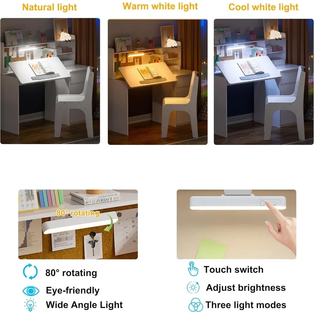 Kids Desk and Chair Set,Kids Study Desk with 3-Color Lights,Tiltable Desktop,Multi Functional Study Table for Kids 5-12 4