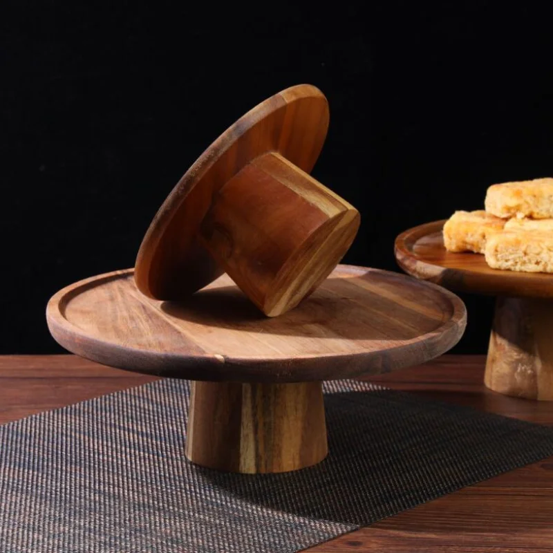 Acacia Wood Fruit Plate Living Room Household High Foot Plate Cake Solid Wood Dessert Display Table Decoration Kitchen Supplies