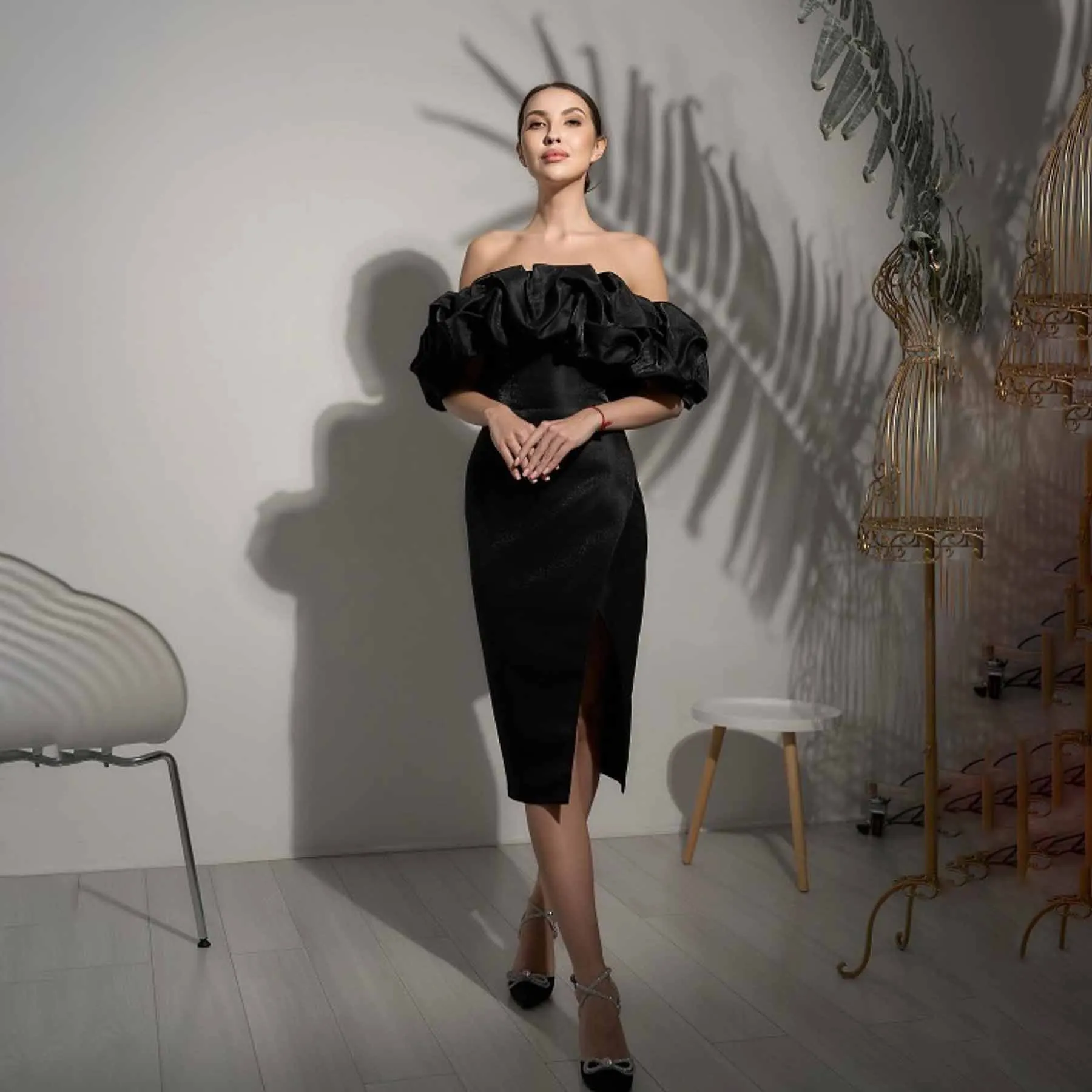

GIOIO Off Shoulder Luxury Formal Evening Dresses Pleat Short Sleeves فساتين سهرة Knee Length Elegant Prom Growns Party Women