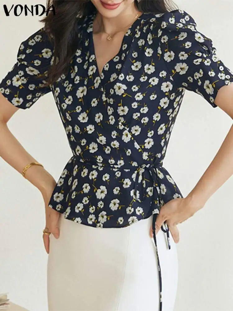 

VONDA женские богемные повседневные рубашки с принтом 2023 летняя блузка свободные топы Туника Модные Винтажные Блузы с коротким рукавом с ремнем