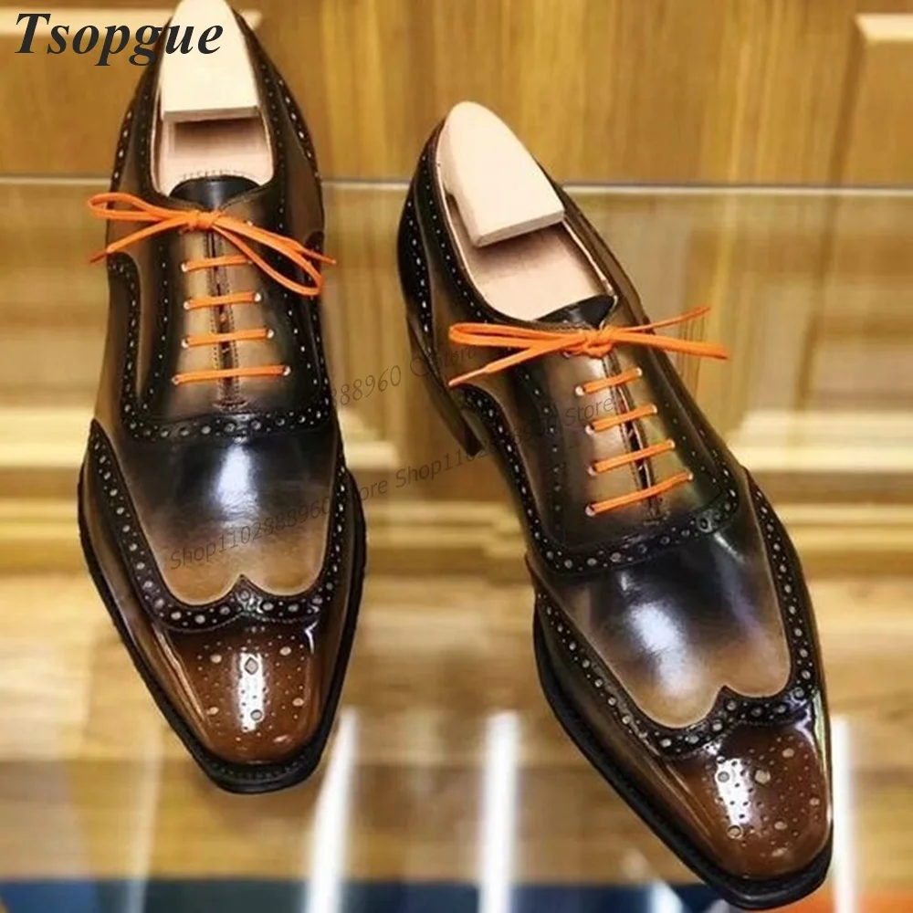 

Cross-Tied Brown Patent Leather Handmade Carve Men's Pumps Shoes For Men Slip-On Runway Casual Party Shoes 2023 Zapatillas Muje