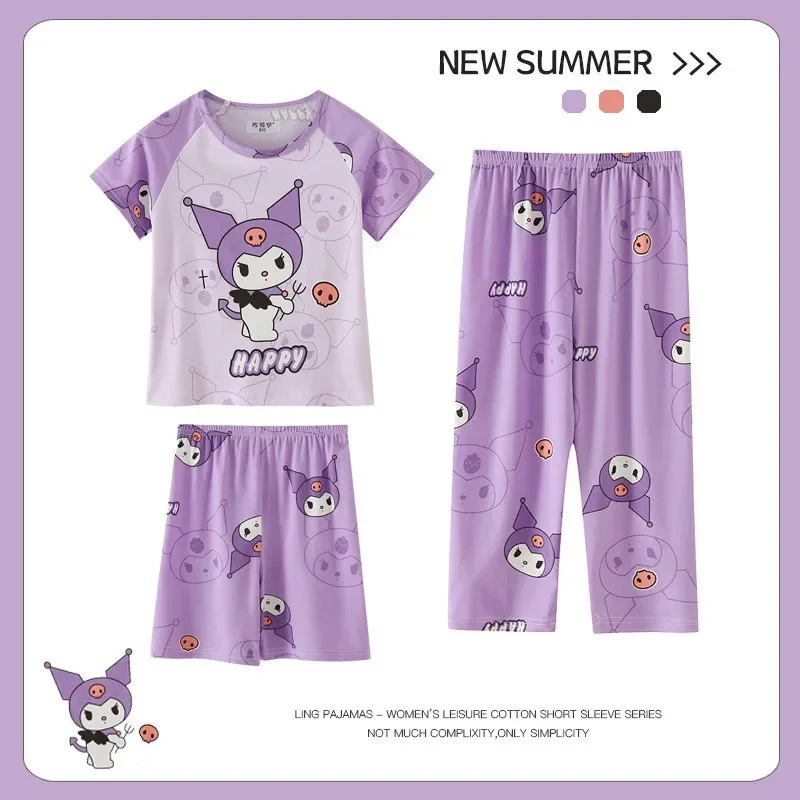 ملابس نوم صيفية للفتيات والأطفال سراويل طويلة رفيعة بأكمام قصيرة ملابس منزلية بتصميم كرتوني طقم بيجامات للأطفال خفيف الوزن