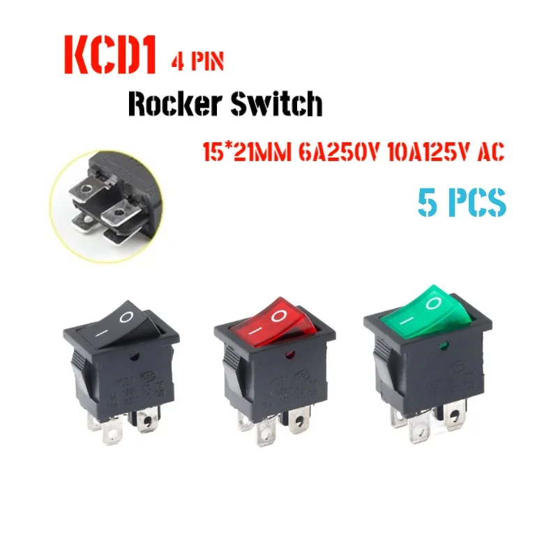 

5 PCS/LOT KCD1 4 Pin 21*15mm ON-OFF Boat Car Rocker Switch 6A/250V AC 10A/125V AC With Red Green Black