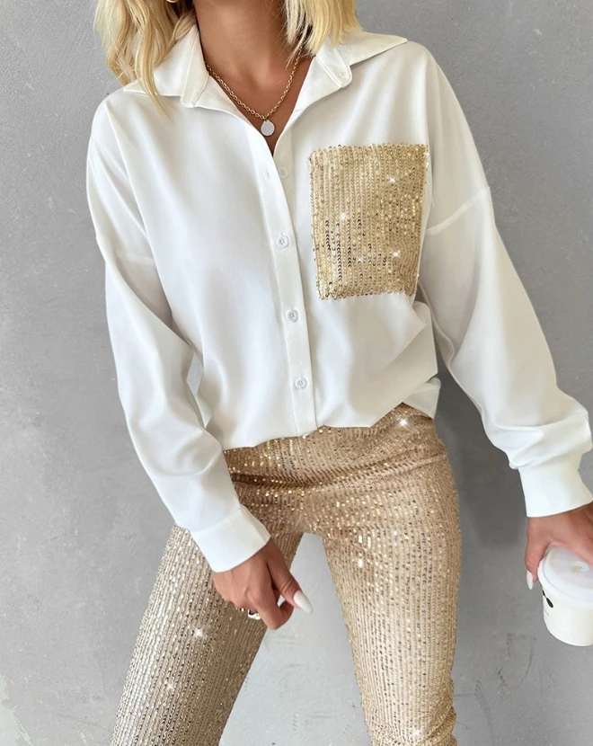 Two Piece Set for Women 2024 Spring New Sequin Pocket Design Turn-Down Collar Long Sleeve Shirt Top and Slim Sequin Pant Sets