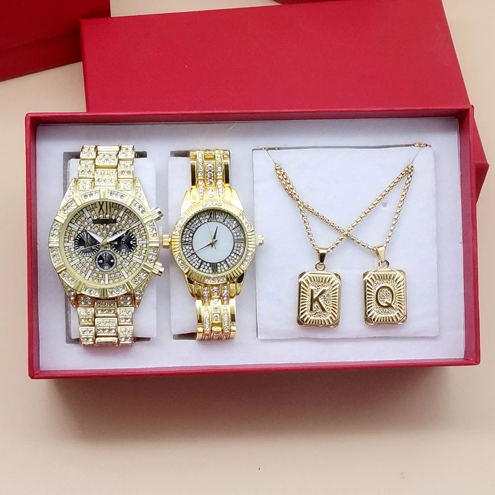 Conjunto de relógio casal Hip Hop para homens e mulheres, relógios de luxo com colares, Dia dos Namorados dos Namorados, estilo feminino Ice Out, 4 peças
