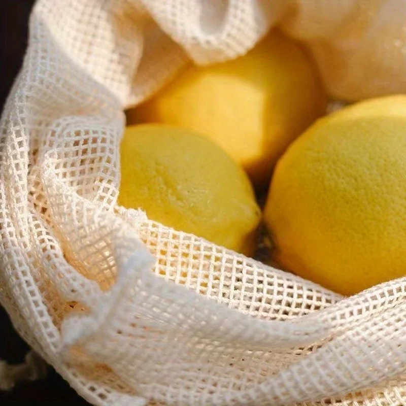 Eco-Friendly Cotton Mesh Produce Bag with Drawstring for Groceries, Vegetables, and Fruits