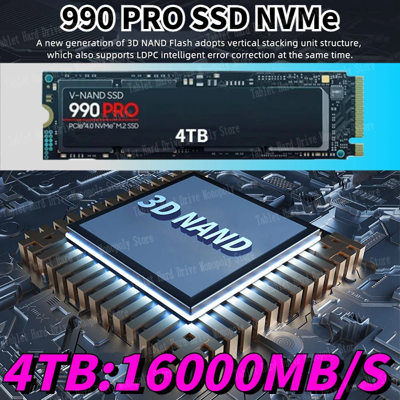 

Original Brand 990PRO 1TB 2TB 4TB SSD M2 2280 PCIe 4.0 NVME Read 16000MB/S Solid State Hard Disk for Game Console/laptop/PC/PS5